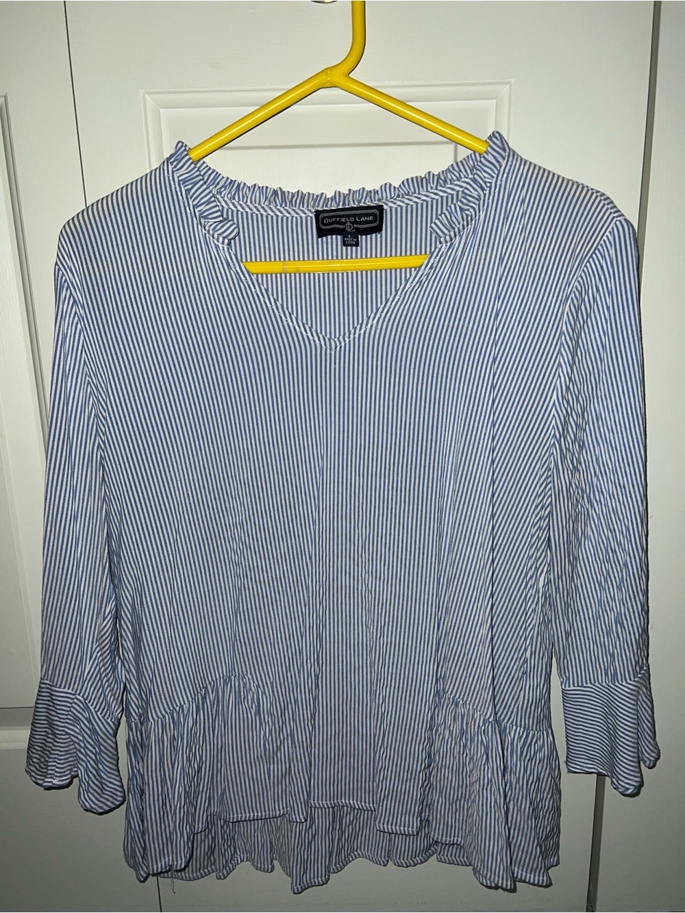 Duffield Lane Blue and White Striped V-Neck Ruffle Hem Tunic